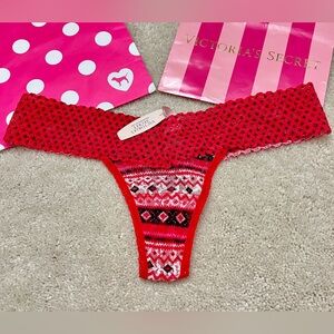 NWT Victoria’s Secret The Lacie Red Black & White Thong Panties VS O/S